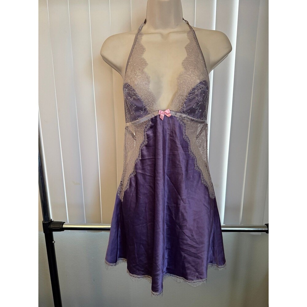 NWT Victoria's Secret Purple Satin & Lace Halter Babydoll Chemise Size Medium